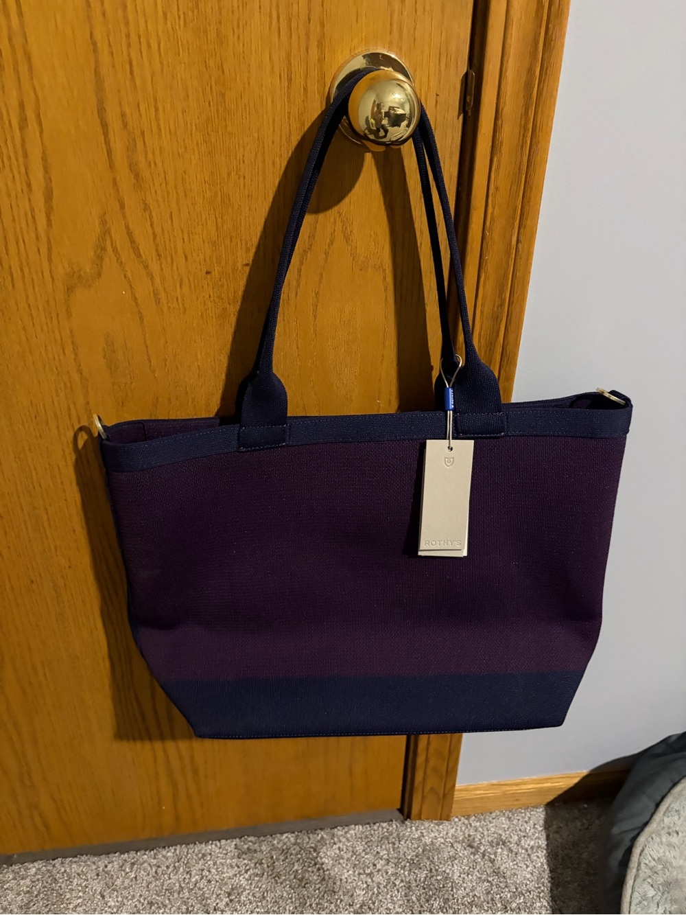 Brand new Rothy’s Women's Two-Tone Navy and Plum zippered lightweight Tote Bag